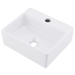 VASOYO Small Wall Mount Corner Bathroom Vessel Sink White Rectangle Porcelain Ceramic Above Counter Vessel Sink Single Faucet Hole Art Basin