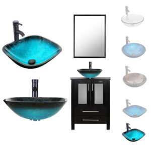 LUCKWIND Bathroom Vanity Vessel Sink Combo – 24-inch Cabinet Stand Mirror Artistic Glass Square Vessel Sink Faucet Drain ORB Single Storage (Black B02BK+A10)