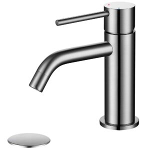 JXMMP Single Hole Brass Bathroom Sink Faucet with Pop-up Drain Assembly & Faucet Supply Lines, Brushed Nickel Copper Single Handle Lavatory Basin Faucets Taps