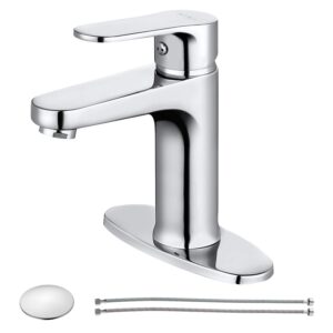 SOKA Brass Bathroom Faucet Chrome Bathroom Sink Faucet Chrome with Pop-up Sink Drain Stopper & Deck Plate 1 or 3 Hole Bathroom Faucet Single Handle Bathroom Faucet Single Hole RV Bathroom Faucet