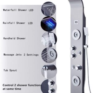 ELLO&ALLO Stainless Steel Shower Panel Tower System,LED Rainfall Waterfall Shower Head 6-Function Faucet Rain Massage System with Body Jets, Brushed Nickel