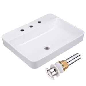 Aquaterior 23″ Rectangle Drop in Bathroom Sink White Ceramic Above Counter Semi Recessed Vessel Sink with Widespread Faucet Holes,Drain