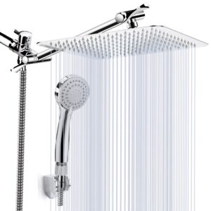 Kaqinu Shower Head , 8” High Pressure Rainfall Shower Head / Handheld Showerhead Combo with 11” Extension Arm, Anti-leak Shower Head with Holder/ Hose, Flow Regulator, Chrome