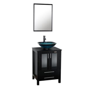 eclife 24” Modern Bathroom Vanity and Sink Combo Stand Cabinet and Turquoise Square Glass Vessel Sink and 1.5 GPM Bathroom Brass Faucet and Brass Pop Up Drain & Mounting Ring (Contemporary/A10 B02)