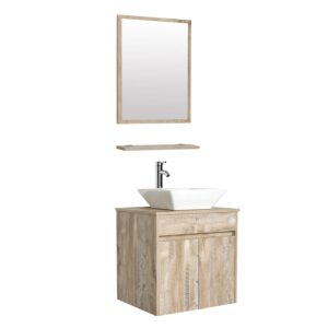 eclife 24” Bathroom Vanity Sink Combo Wall Mounted Natural Cabinet Vanity Set Square White Ceramic Vessel Sink Top, W/Chrome Faucet, Pop Up Drain & Mirror (A07E03AK)