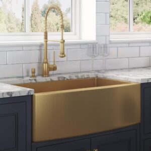 Ruvati Brass Tone 33-inch Apron-Front Farmhouse Kitchen Sink – Matte Gold Stainless Steel Single Bowl – RVH9733GG