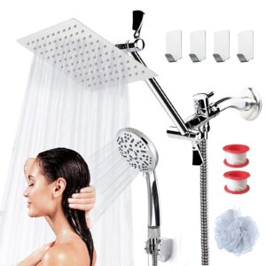 COSYLAND 8” High Pressure Rainfall Shower Head Handheld Combo 9 Settings with 11” Extension Arm 60″ Hose, Stainless Steel Bath Showerhead, Height/Angle Adjustable with Holder Pipe Sealant Tape