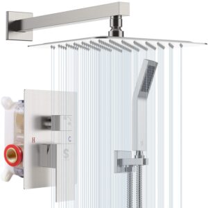 SR SUN RISE 10 Inches Bathroom Luxury Rain Mixer Shower Combo Set Wall Mounted Rainfall Shower Head System Brushed Nickel Finish Shower Faucet Rough-In Valve Body and Trim Included