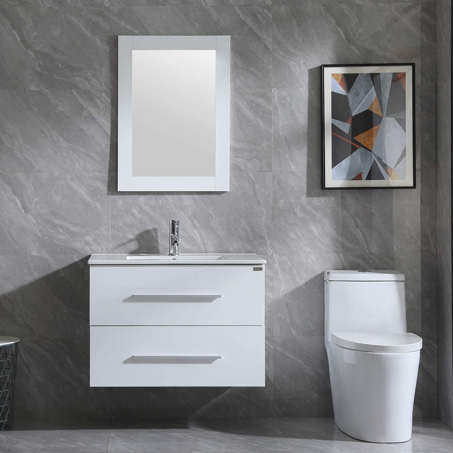 Wonline 32″ Bathroom Vanity Set Wall Mounted White Cabinet With Sink Combo Chrome Faucet Moore 