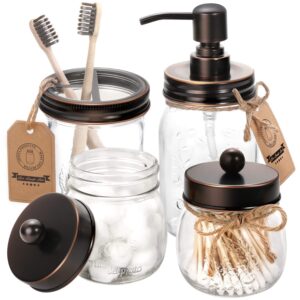 Mason Jar Bathroom Accessories Set 4 – Oil Rubbed Bronze – Mason Jar Soap Dispenser & 2 Apothecary Jars & Toothbrush Holder – Rustic Farmhouse Decor, Bathroom Home Decor Clearance, Countertop Organize