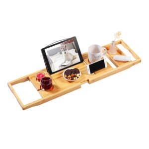 Bamboo Bathtub Caddy Tray, Expandable Bath Tray for Tub with Upgraded Wine Slots and Book Holder – Ideal for One or Two Person Use