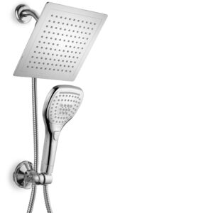 DreamSpa Ultra-Luxury 9″ Rainfall Shower Head/Handheld Combo. Convenient Push-Button Flow Control Button for easy one-handed operation. Switch flow settings with the same hand! Premium Chrome